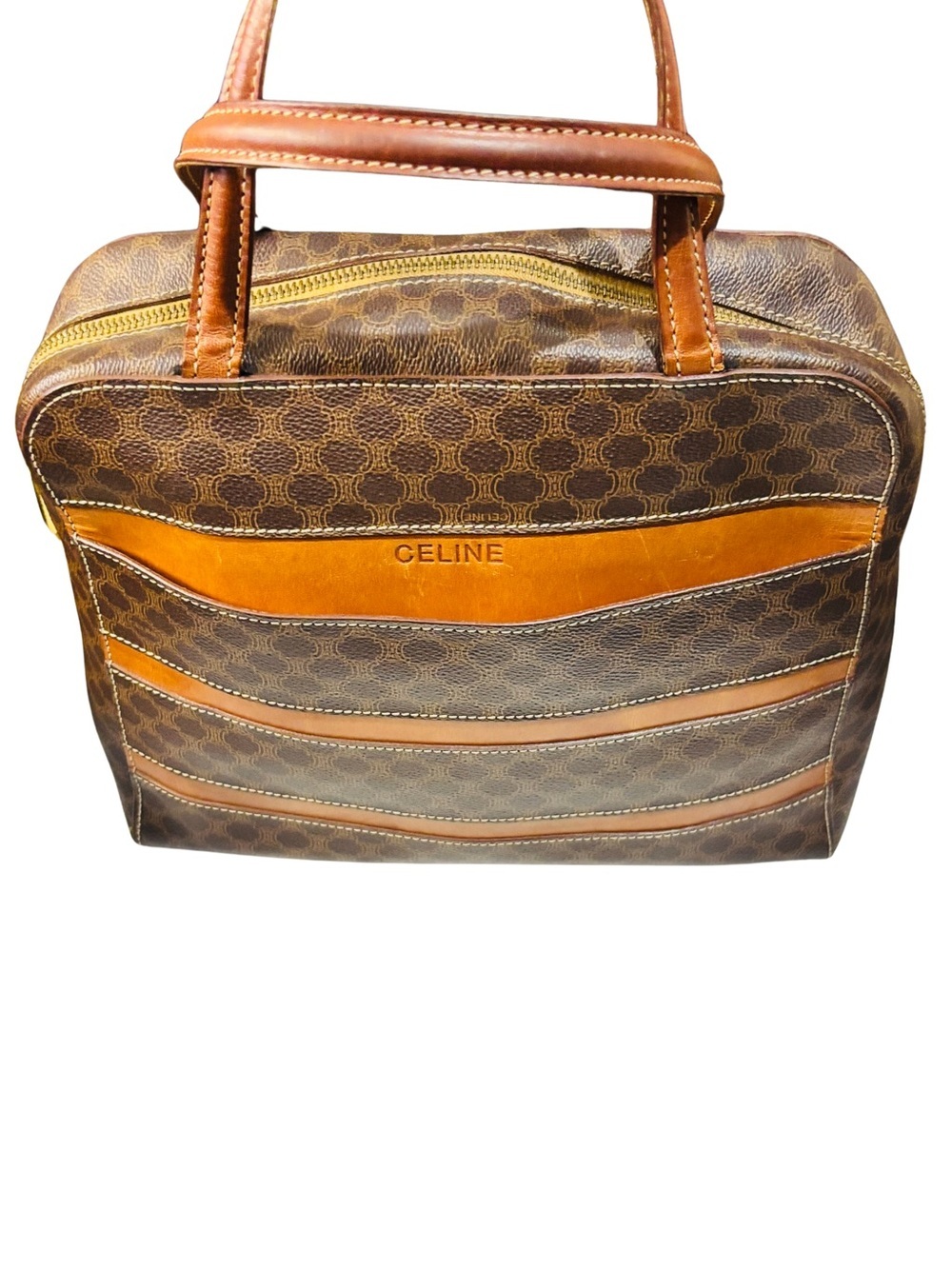Vintage Celine Macadam Boston Top Handle Bag brown canvas (pvc) leather Italy